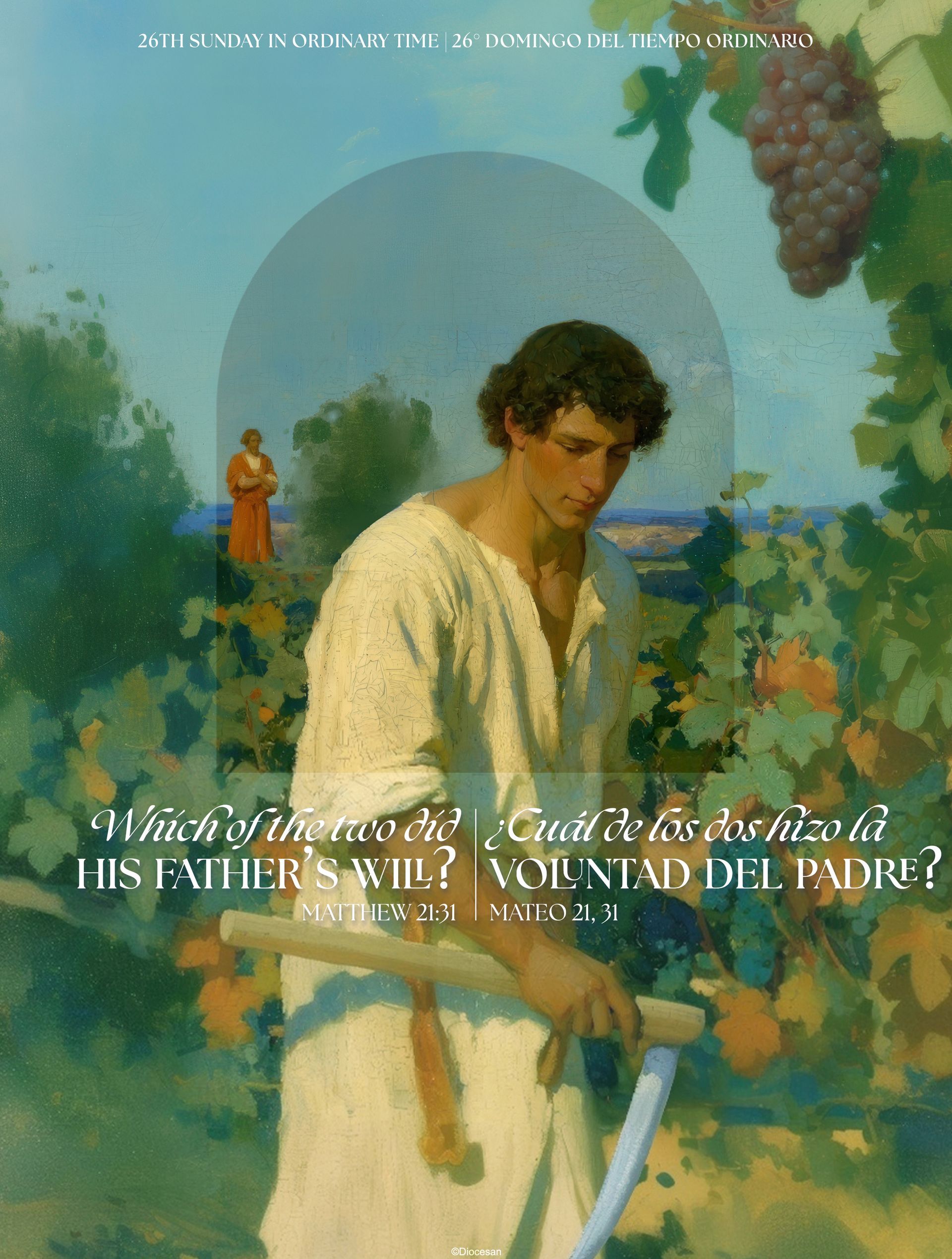 Vintage poster of a man with a sword in a vineyard, with white text over a painted landscape.