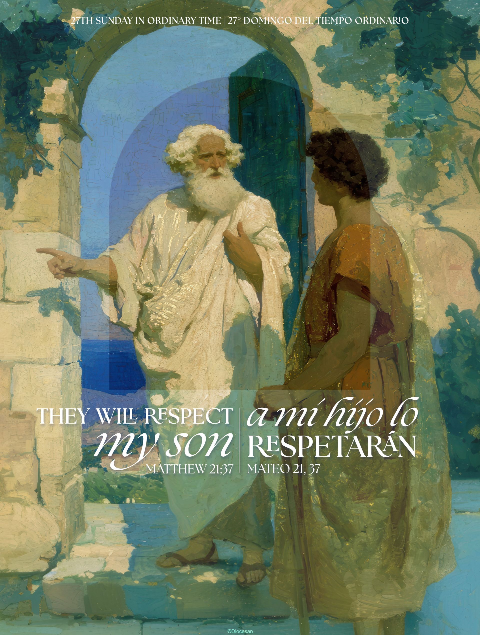Classical painting of a white-robed figure gesturing in a blue archway toward a seated person by the sea