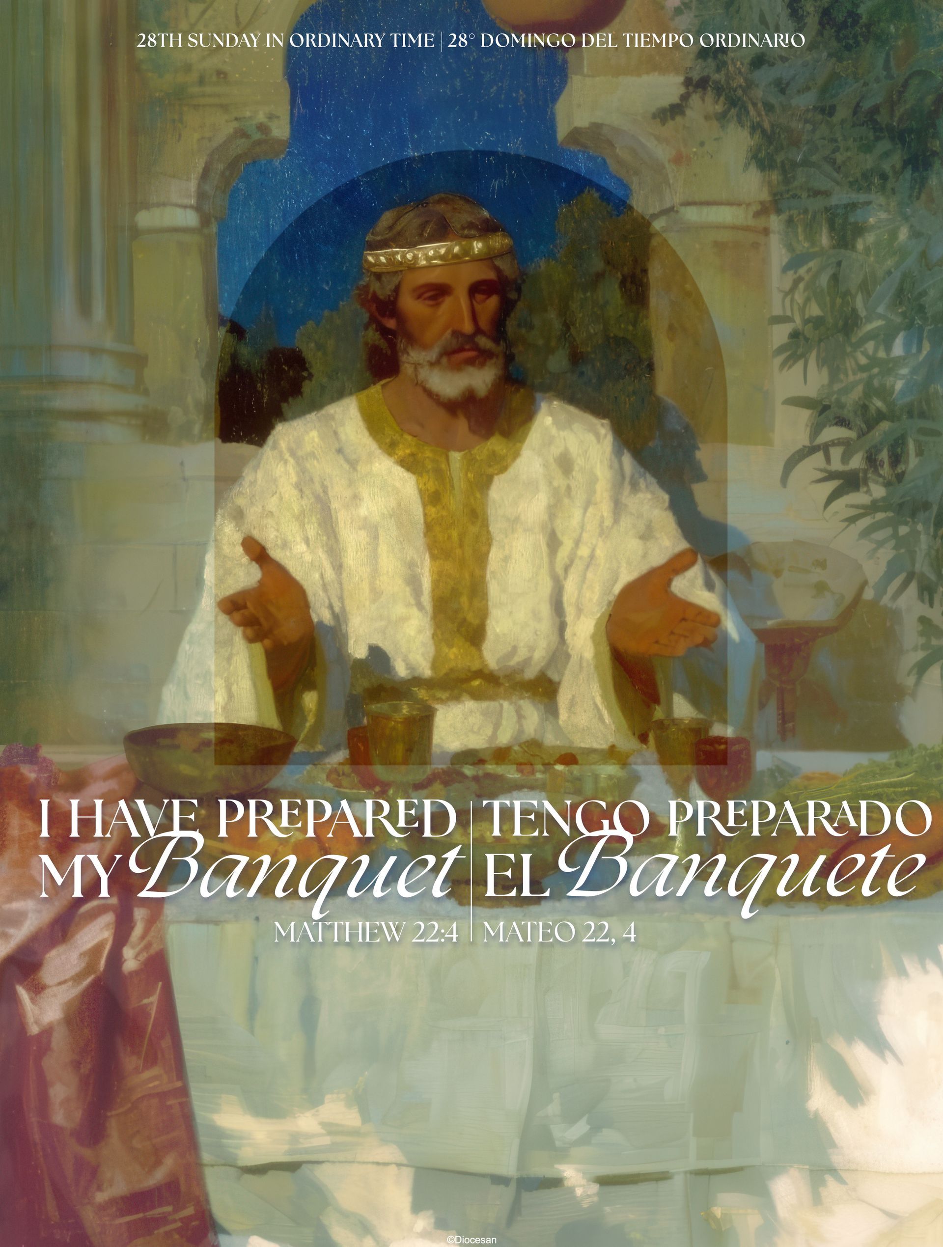 Bearded man in white and gold robe with crown, seated before blue arch; Spanish text at bottom.