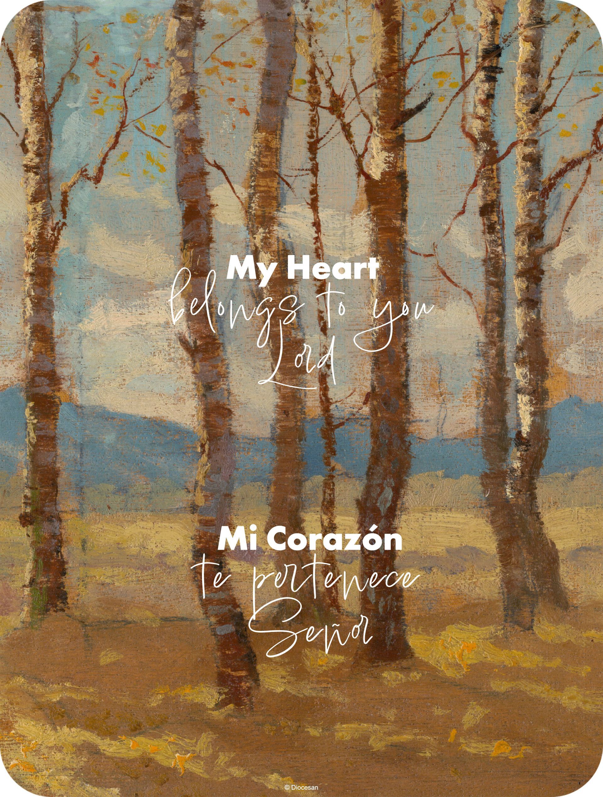 Autumn forest painting with two text lines: “My Heart” and “Mi Corazón” in white script.