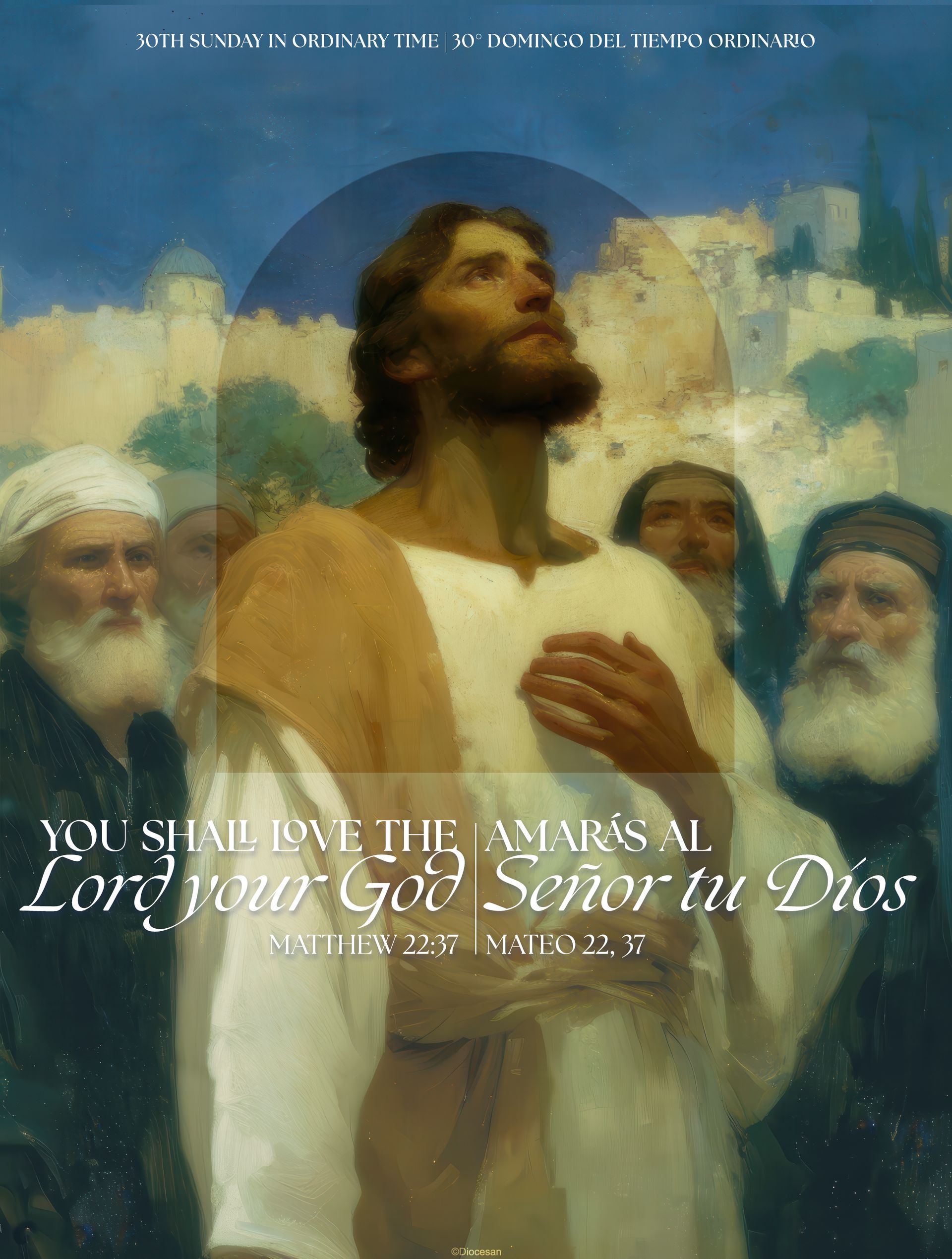 Jesus in the clouds, hands over his chest, with two bearded figures and white text overlay.