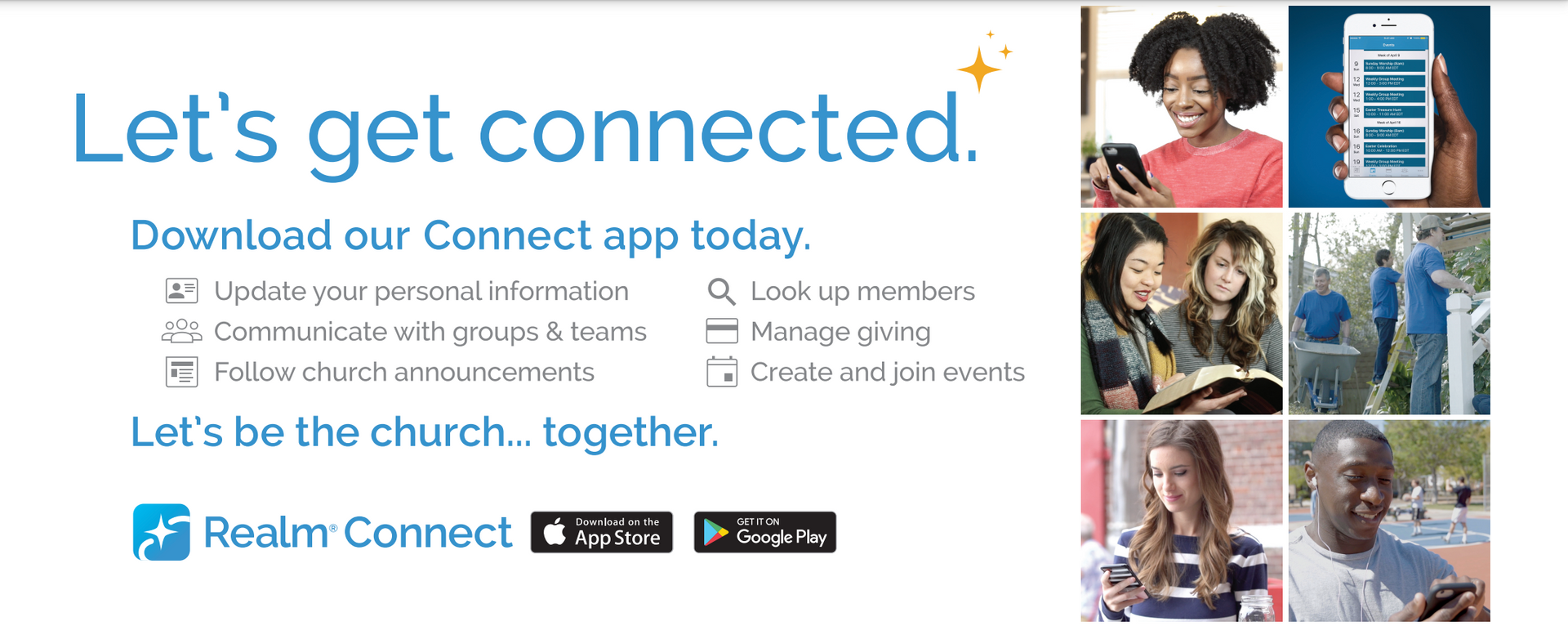 Advertisement for a church app. Includes text and images of people using smartphones.