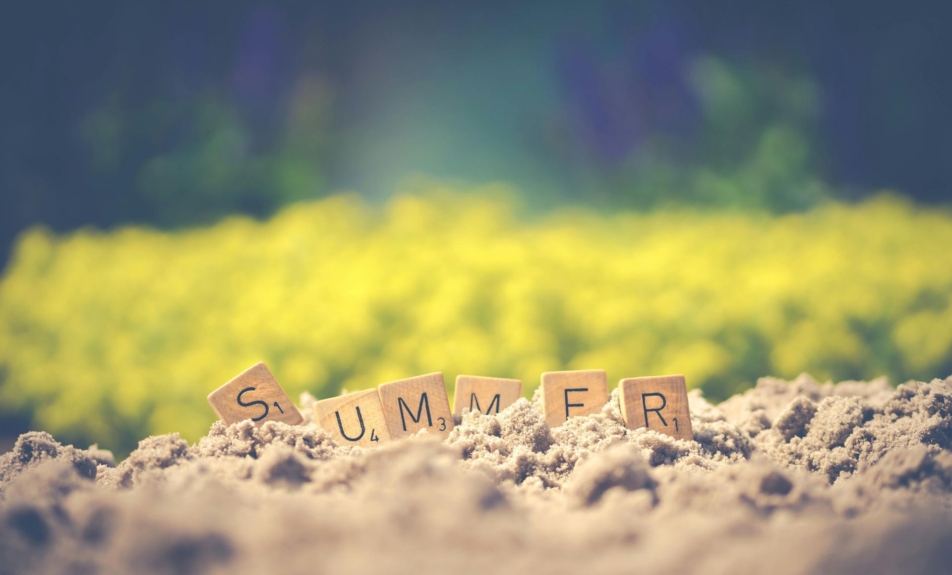 Letters spelling “SUMMER” nestled in sand, with a bright yellow blurred field in the background.