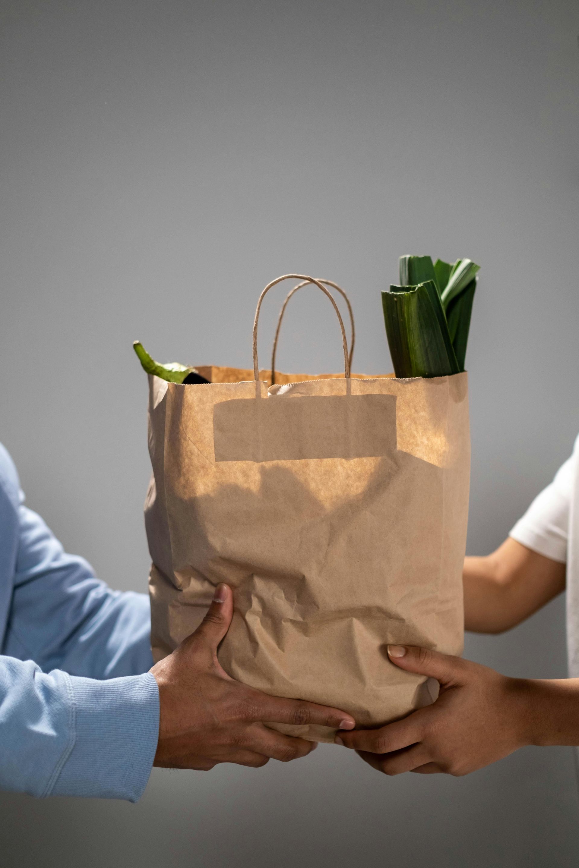 Two people holding a brown paper bag filled with groceries, including leeks.