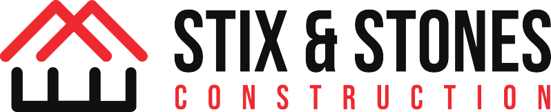 Stix & Stones Construction logo with red roof icon and black and red text on white background