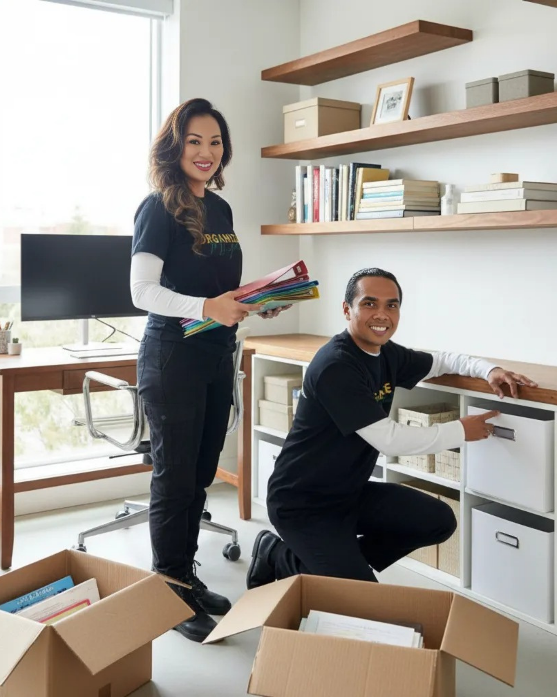 Two people organize office files and supplies; indoors near shelving, smiling.
