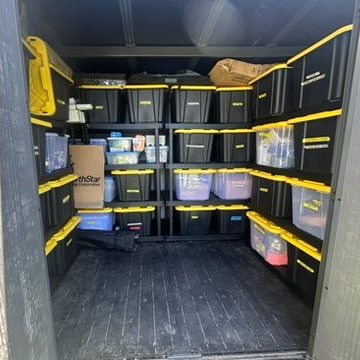 Organized business storage room with labeled shelving and inventory systems for efficient operations