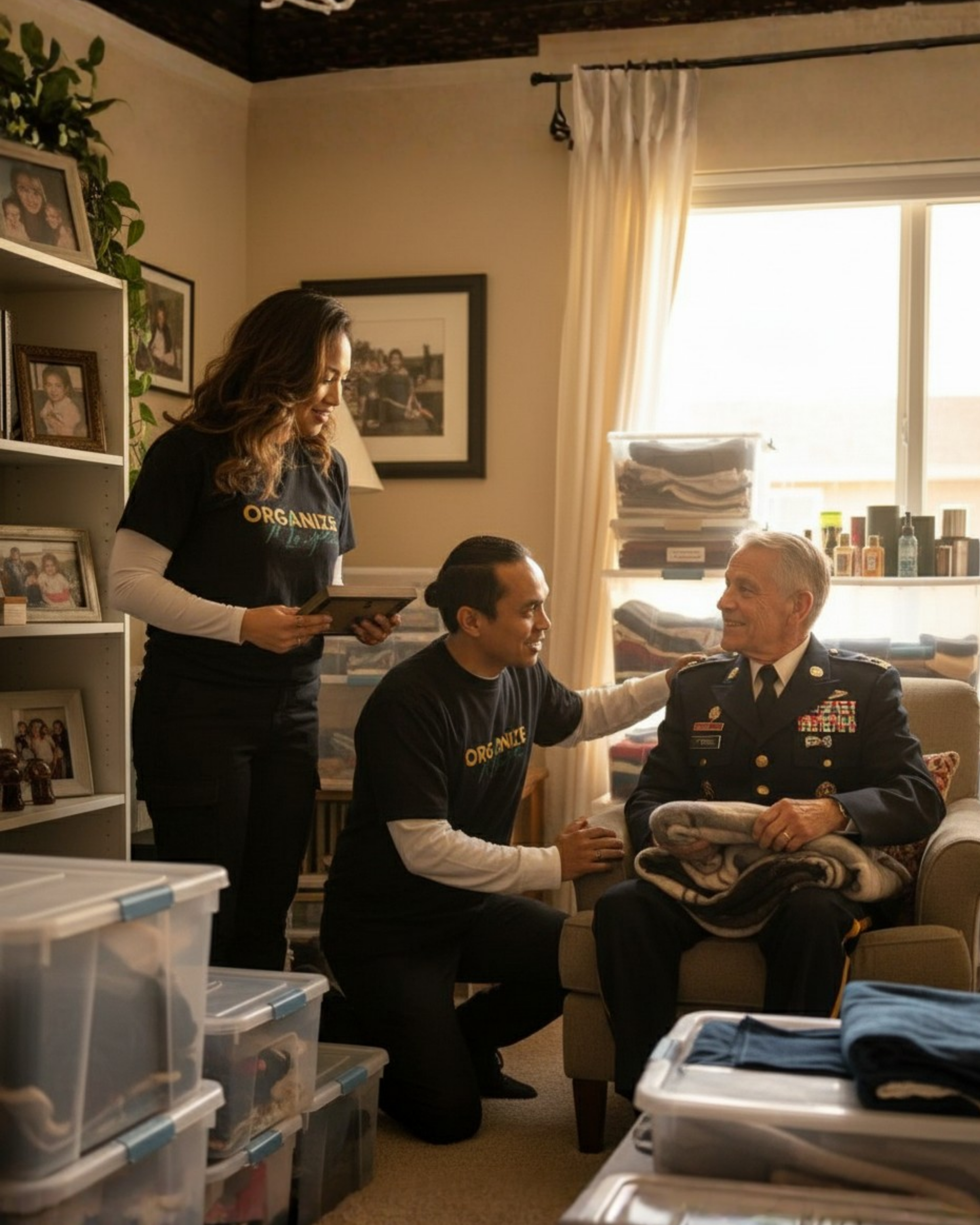 Three people in a room; two offer comfort and support to a man in military uniform. Stacks of clothes and clear bins surround them.
