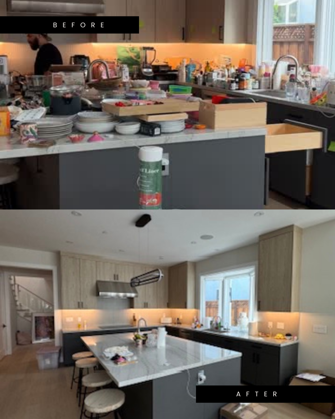 A before-and-after comparison of a kitchen, showing a cluttered workspace transformed into a clean, organized space.