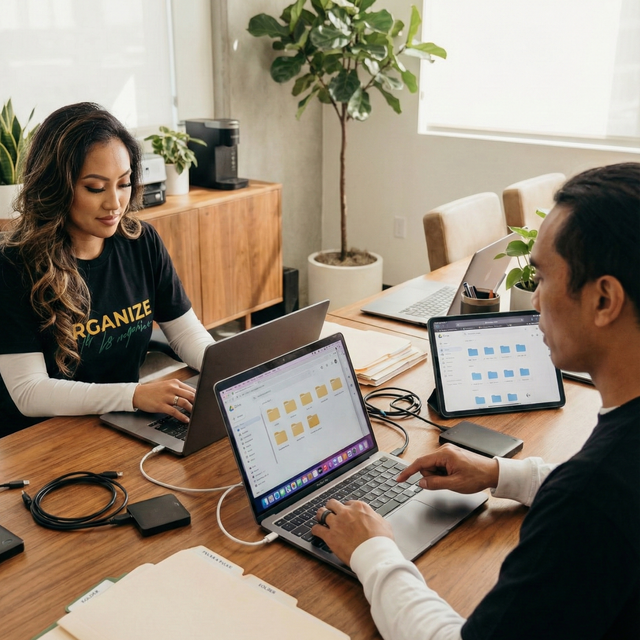 Two people work at a wooden table with laptops and a tablet in a bright office.