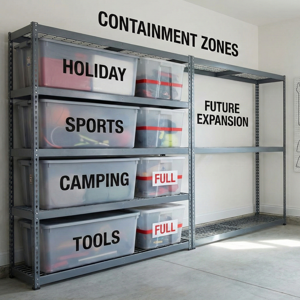 Organized business storage room with labeled shelving and inventory systems for efficient operations