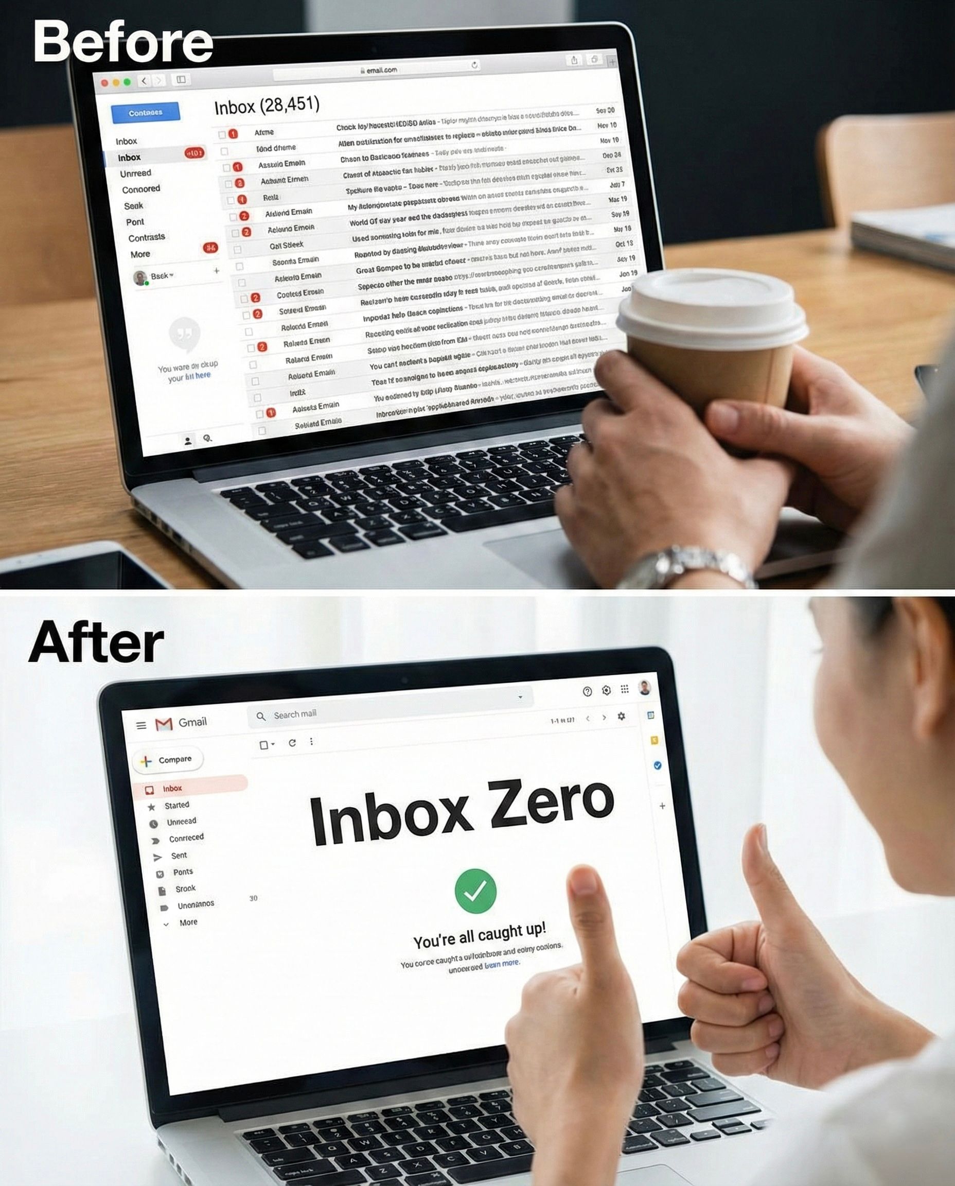 Laptop before and after: Email inbox cluttered, then showing 