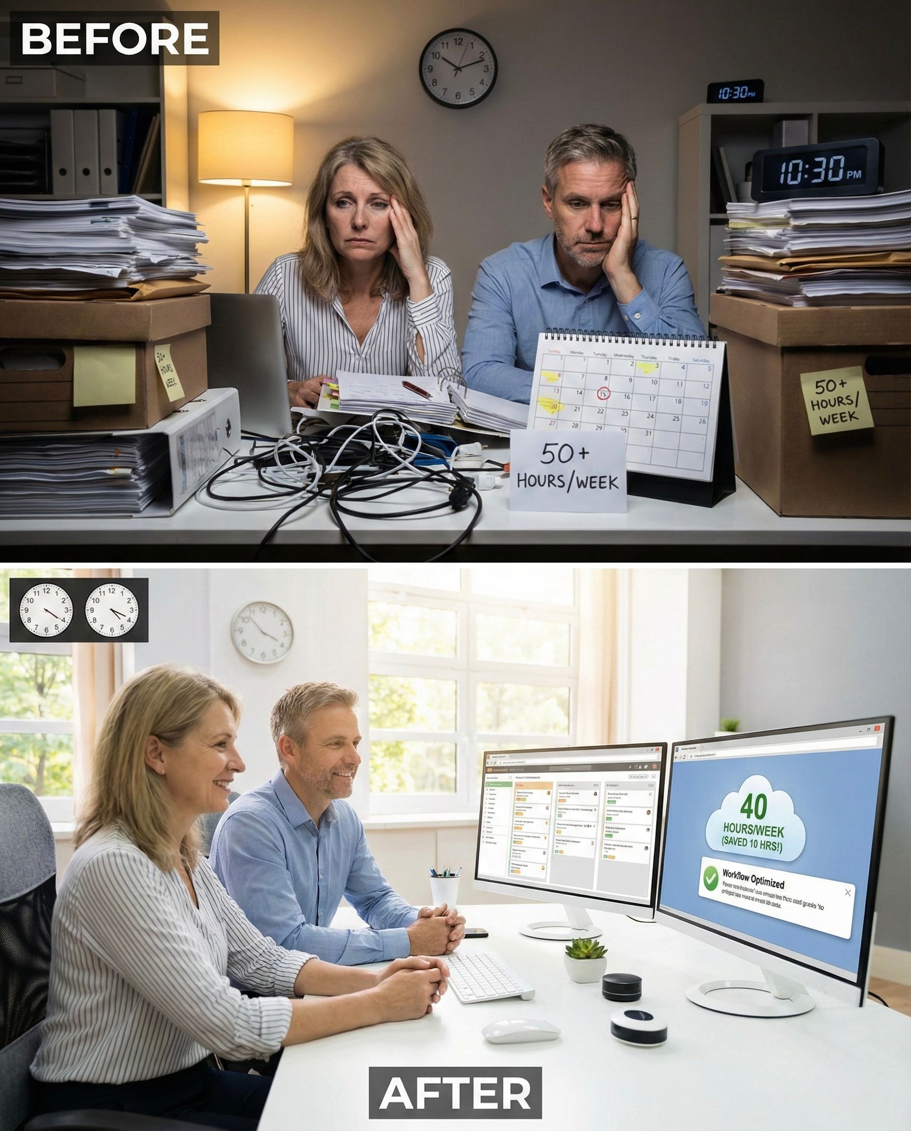 Top: two people look stressed at a messy desk. Bottom: same people smile at tidy desk with computer.