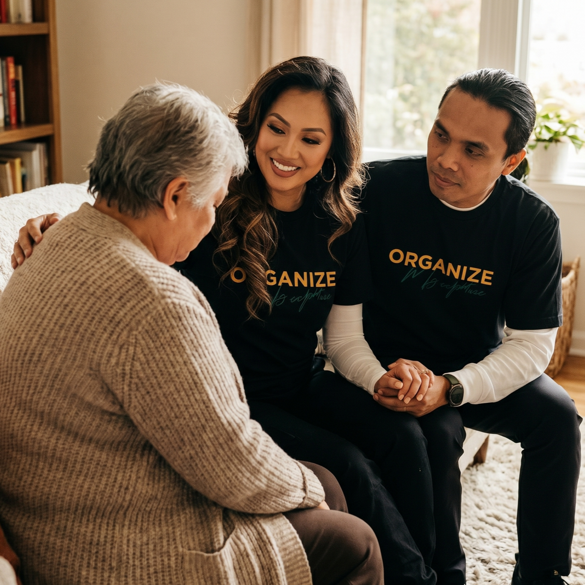 Two organizers speaking with a seated client in a bright living room