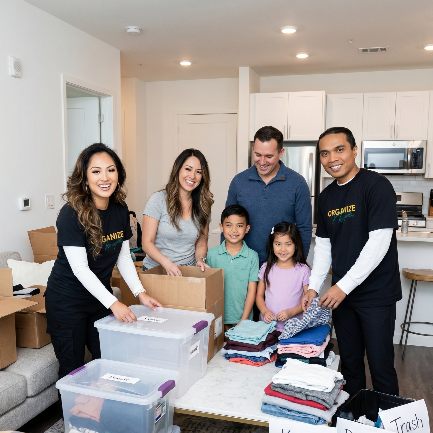 Six people packing folded clothes and boxes on a table in a bright living room