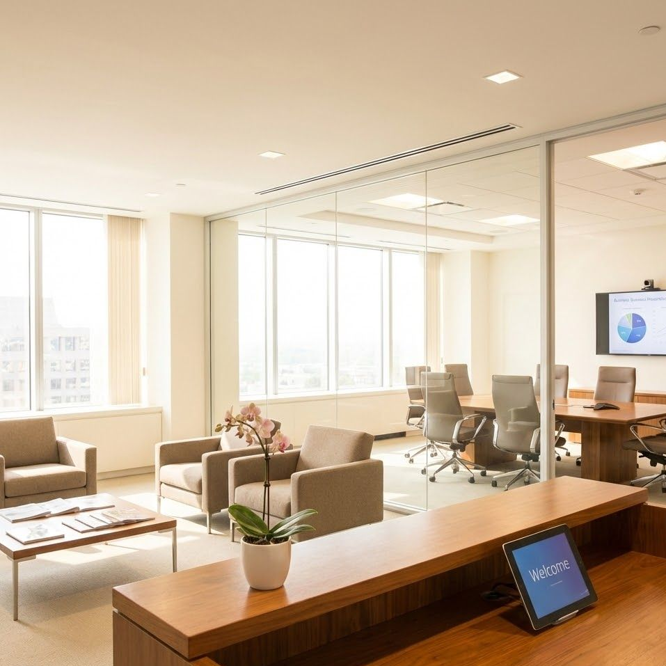 Reception areas, conference rooms, and shared spaces are organized to feel clean, calm, and welcoming.