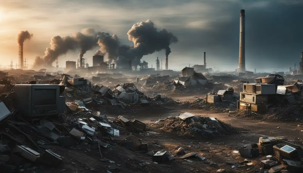 Polluted industrial landscape with factories, smoke, and rubble under a cloudy sky.
