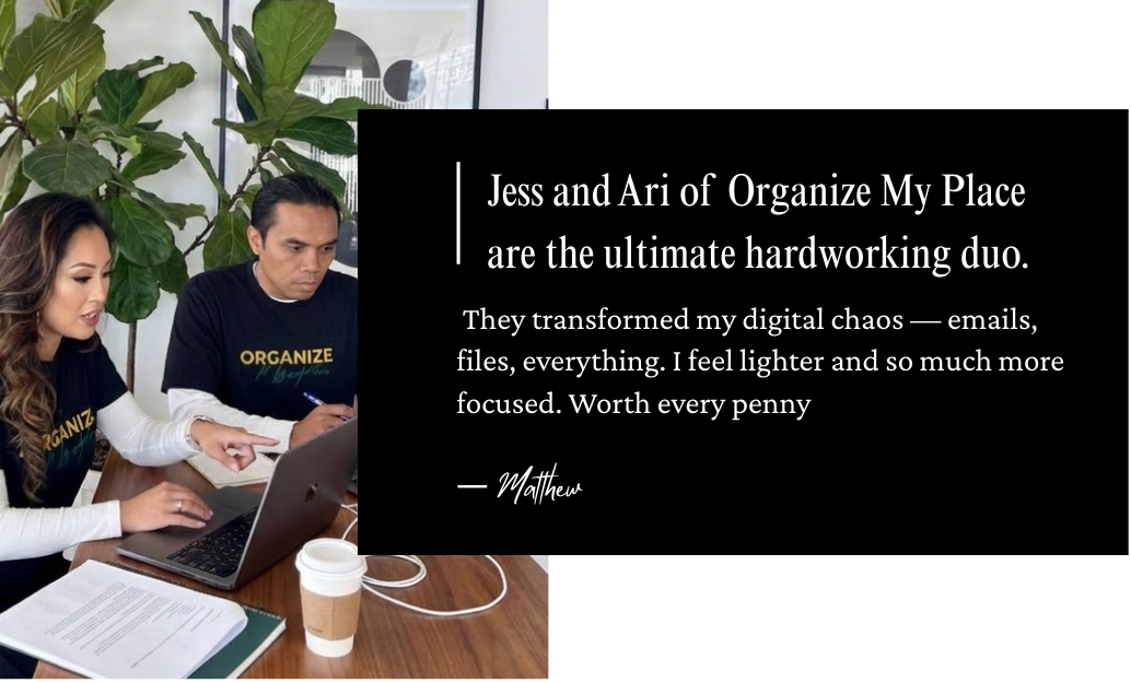 Two people at a table looking at a laptop with a testimonial on a black background.
