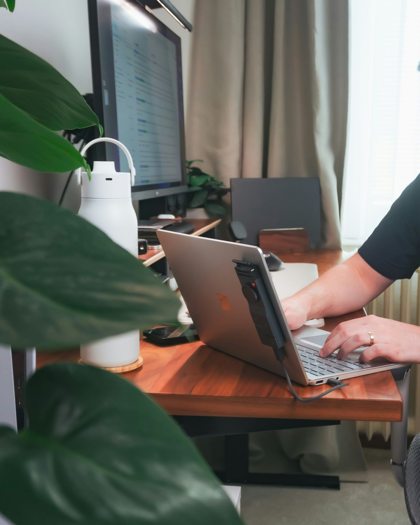 Person typing on a laptop at a wooden desk, next to a monitor and water bottle, with leafy plant in the foreground.