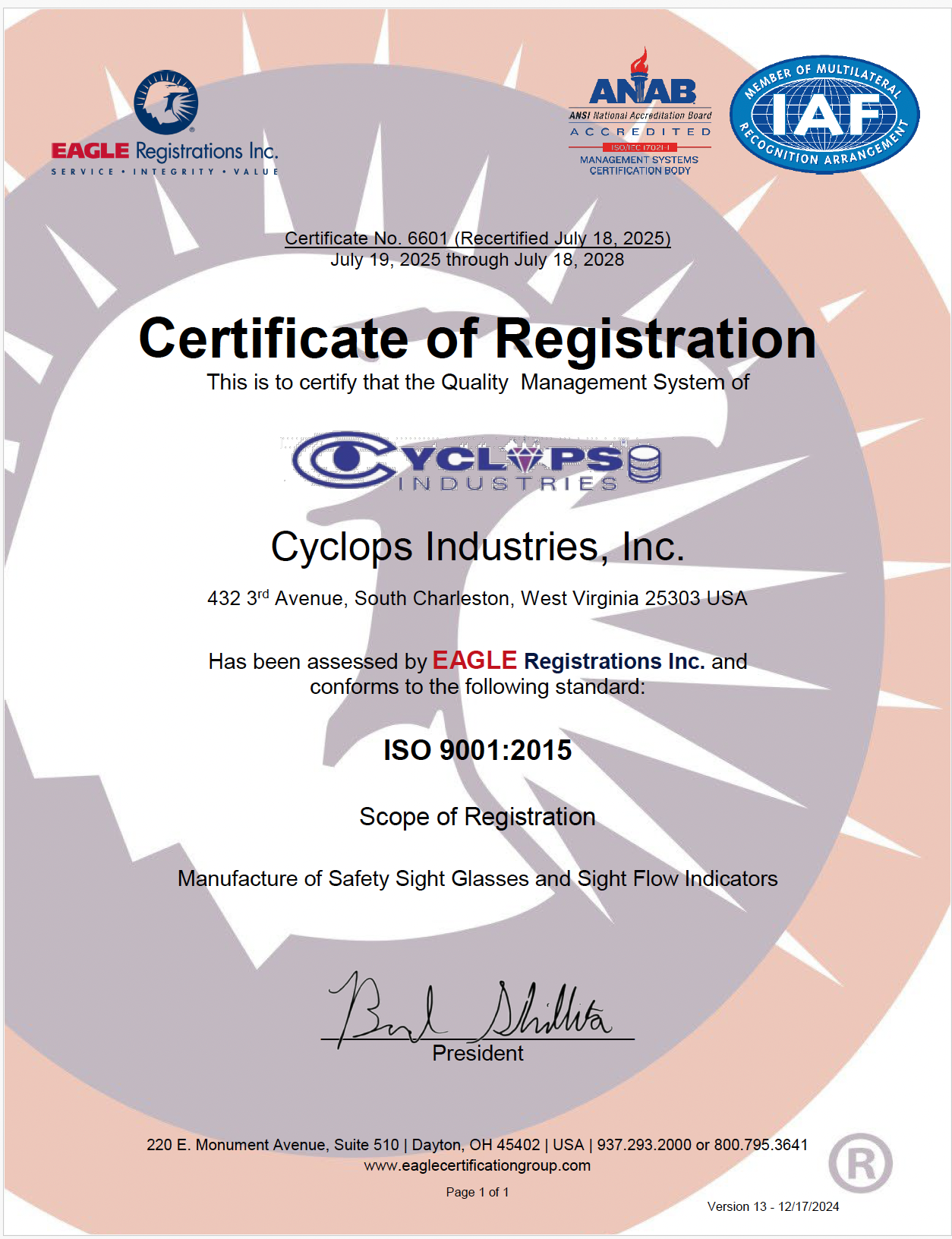 Certificate of Registration Certificate of Registration, showing Cyclops Industries is registered as a manufacturer of safety sight glasses.