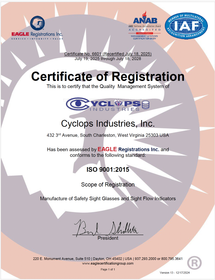 Certificate of Registration Certificate of Registration, showing Cyclops Industries is registered as a manufacturer of safety sight glasses.