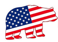 A silhouette of a bear filled with the pattern of the United States flag, featuring blue stars and red and white stripes.