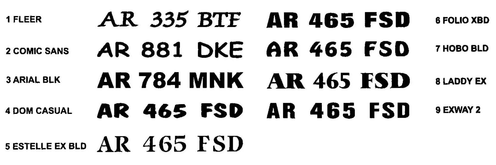 Font samples in various styles, including Leer, Comic Sans, Arial Black, and more.