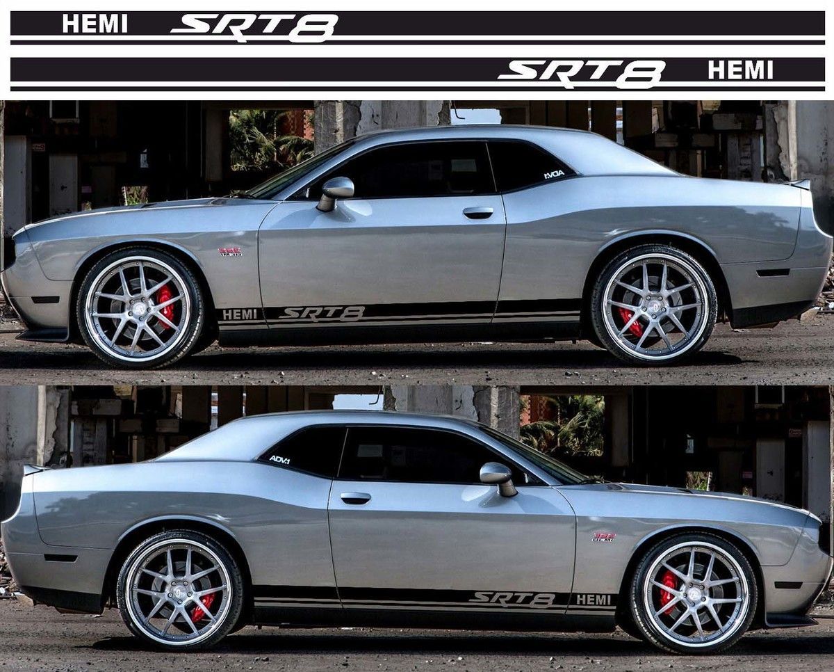 Two silver Dodge Challenger SRT8 cars with black stripes and red brake calipers.