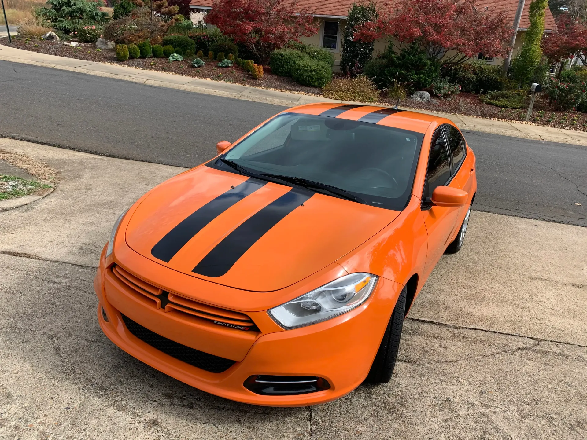 Orange Dodge Dart with black racing stripes parked on a driveway, with a house and trees in the background.