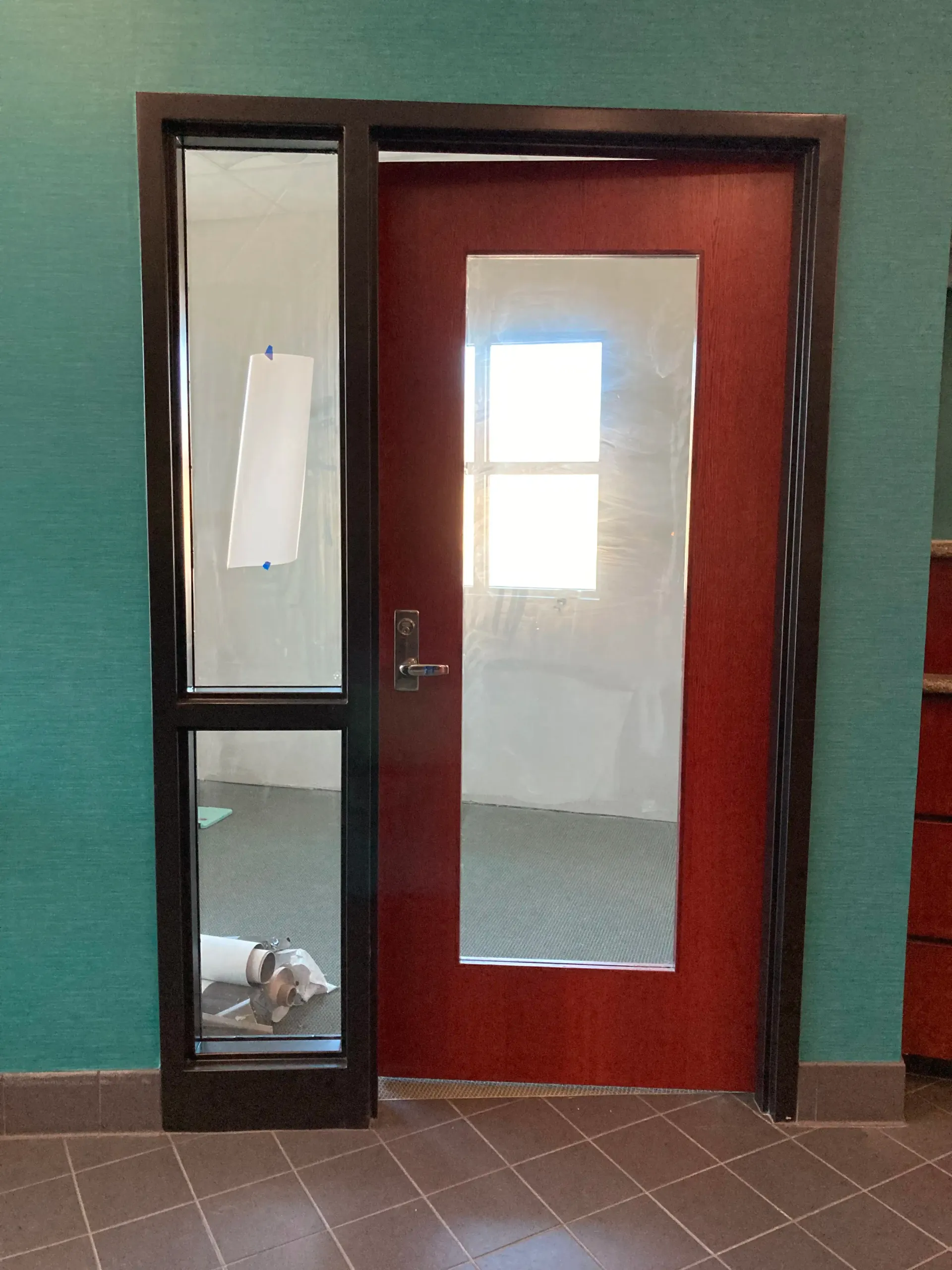 Red door with large glass panel and side window, black frame. Dog sits by the window.