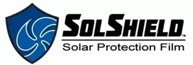 Logo of SolShield, solar protection film. Blue shield with a swirl design. Text: SolShield and Solar Protection Film.