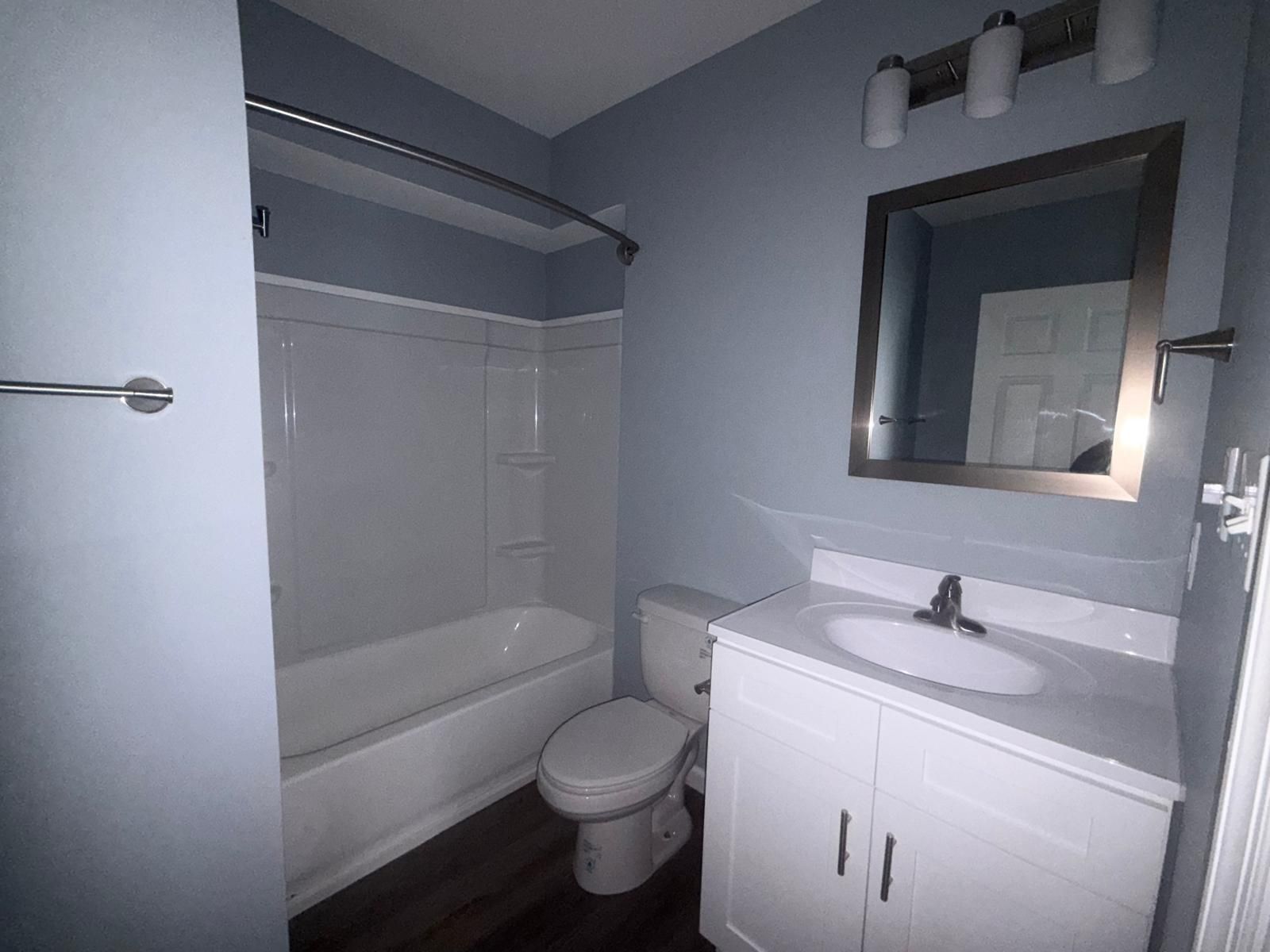 Small gray bathroom with a tub-shower, toilet, and white sink vanity with mirror
