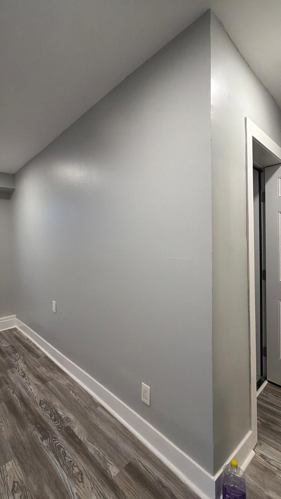 Narrow hallway with gray walls, wood-look flooring, and a doorway at the end