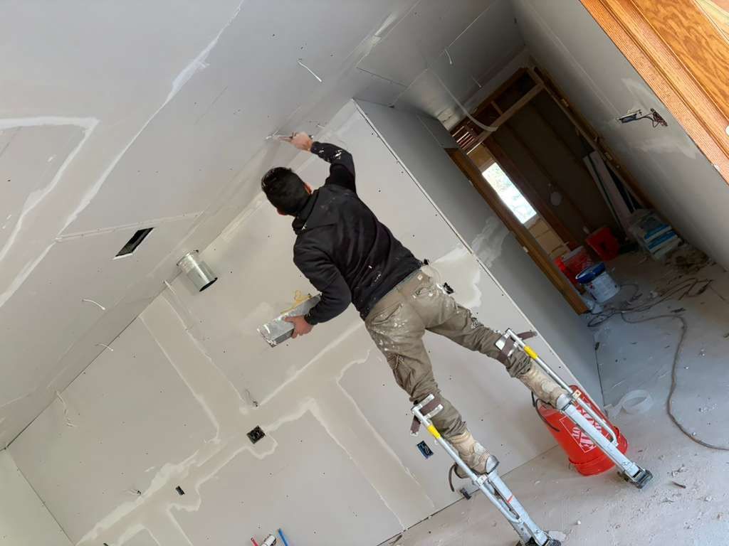 A worker on stilts uses a tool to smooth joint compound over seams on a ceiling and wall in an unfinished room.