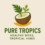 Pure Tropics logo with coconut and leaves, text: “Healthy Bites, Tropical Vibes”