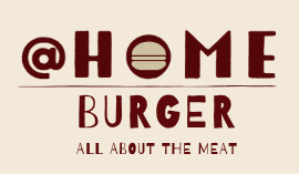 @Home Burger logo in dark red on a cream background, with the tagline “All About the Meat”