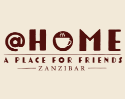 Logo for A Place for Friends Zanzibar, with maroon text and coffee cup icon on a beige background