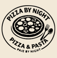 Pizza By Night logo with a black pizza and pasta graphic on a cream background