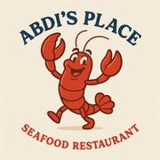 Abdi’s Place seafood restaurant logo with a smiling red lobster and curved blue and red text