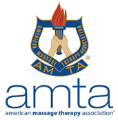 The logo for the american massage therapy association shows two hands holding a torch.