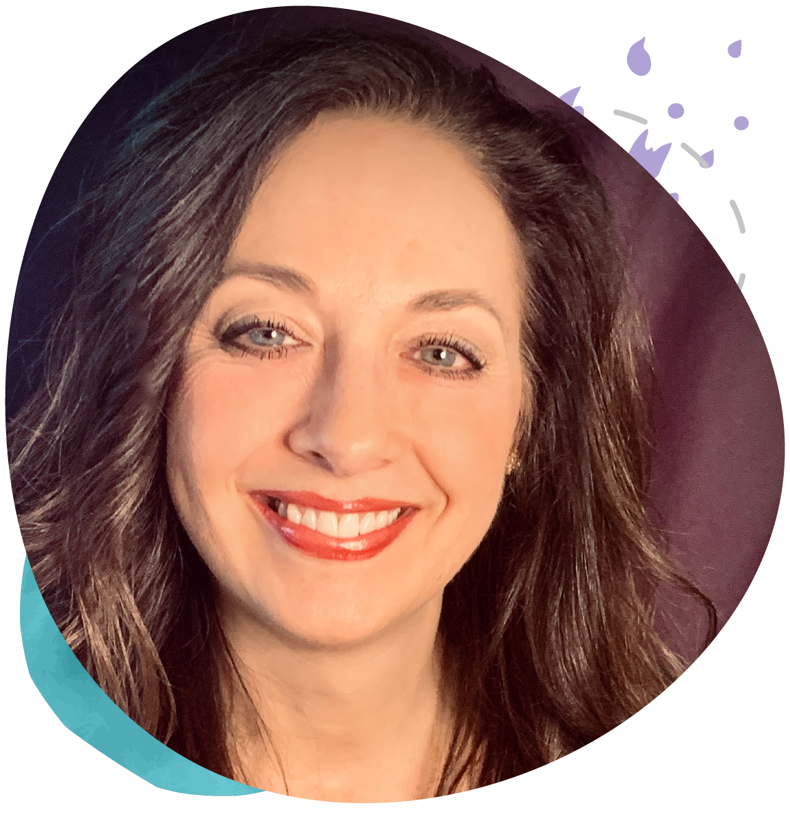 A woman is smiling in a circle with a purple background