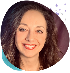 A woman is smiling in a circle with a purple background