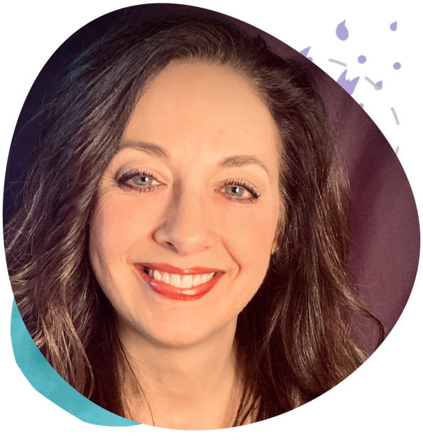 A woman is smiling in a circle with a purple background