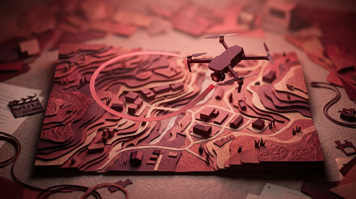 Eine Drohne schwebt über einer strukturierten, topografischen Reliefkarte, auf der ein leuchtend rotes, kreisförmiges Ziel auf dem Gelände hervorgehoben ist.