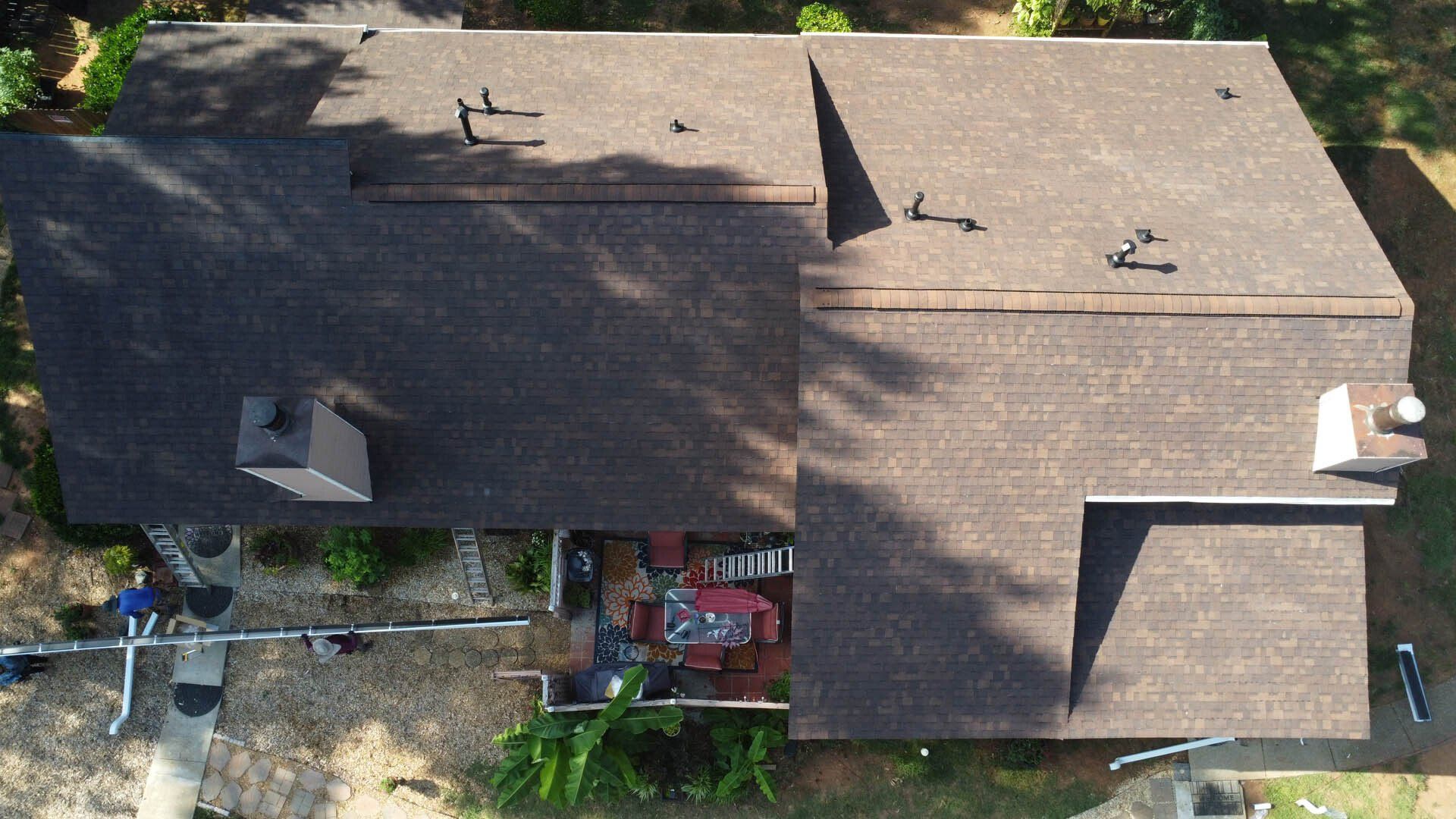 An aerial view of the roof of a house