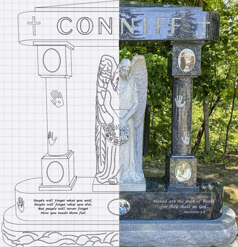 A split-screen comparison of a monument, showing a technical line drawing on the left and the finished stone piece on right.