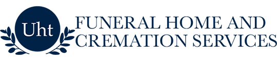 Logo for Uht Funeral Home and Cremation Services, featuring text next to a blue circle with 
