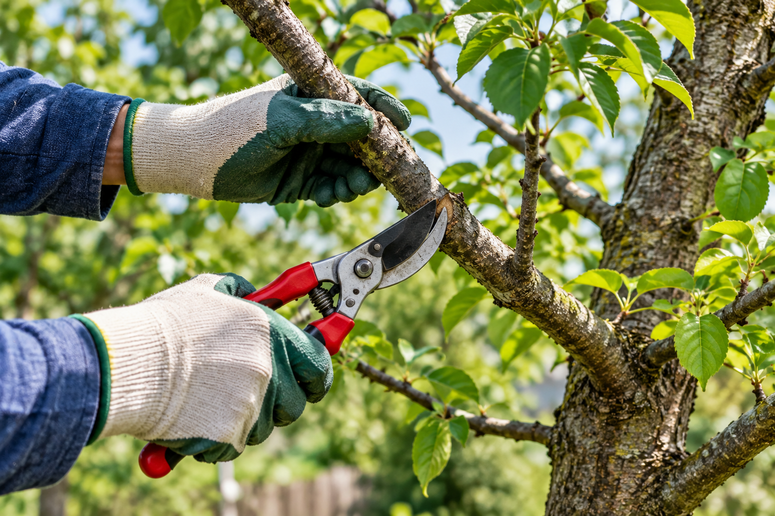 Gloved hands pruning a tree branch with red-handled shears in a garden