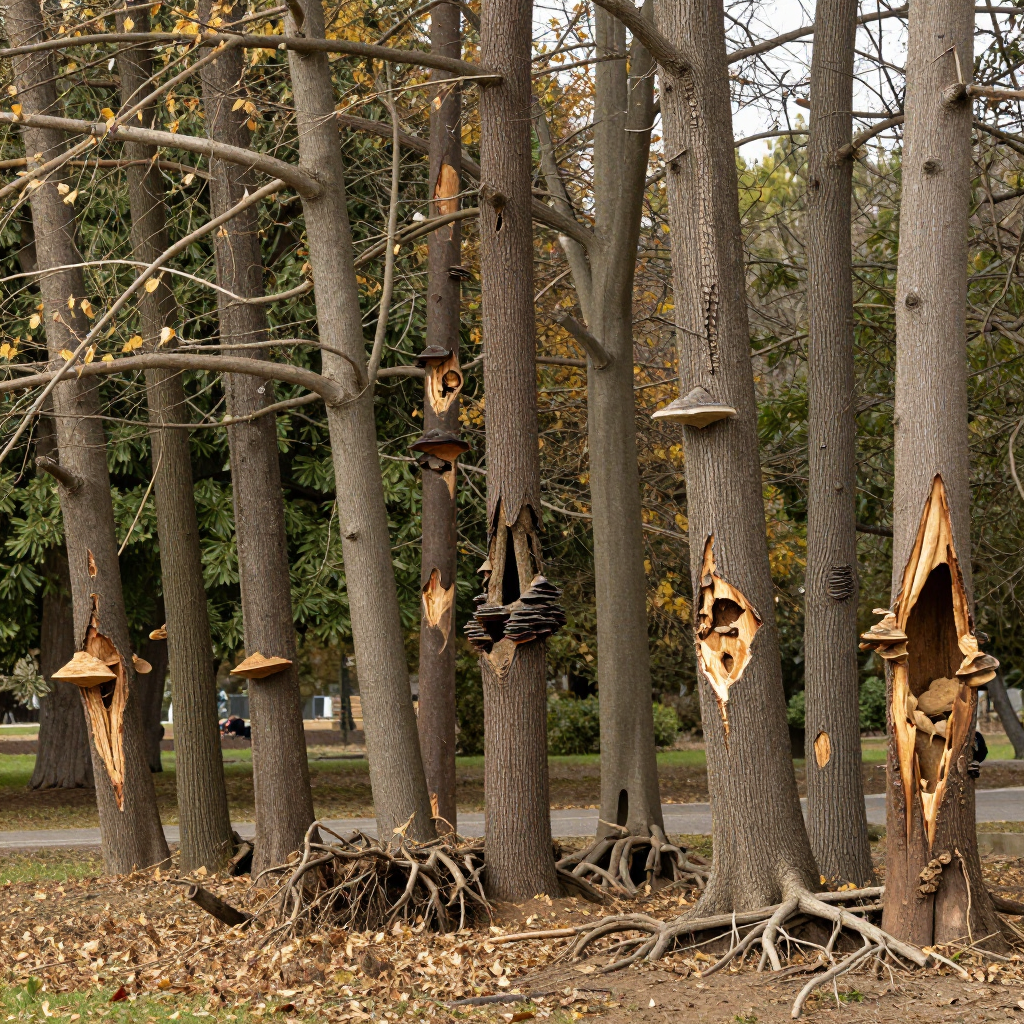 Forest of carved tree trunks with many small wooden shelf-like structures attached to the trees.