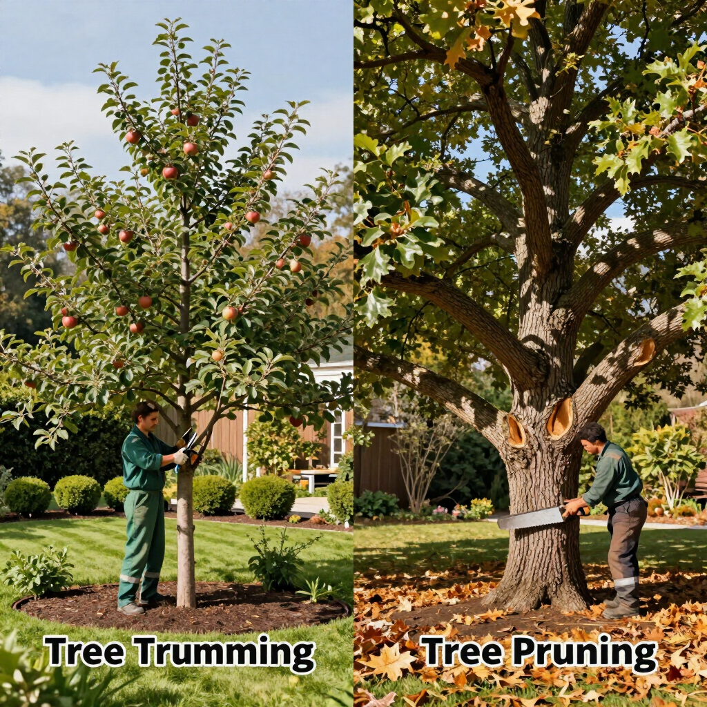 Two workers trimming and pruning a tree in a sunny residential yard, labeled 